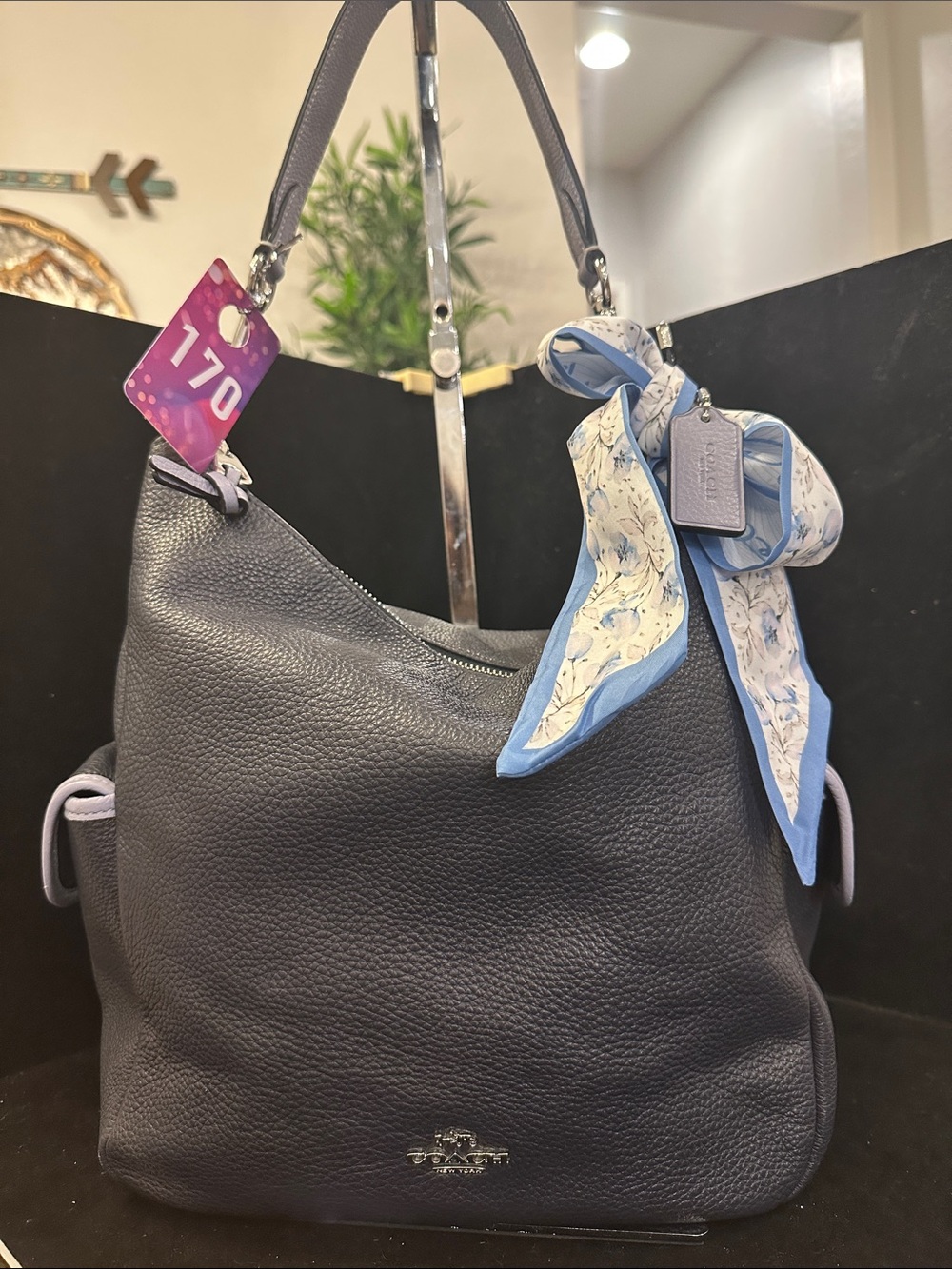 Coach #170 Penny Pebbled Leather Shoulder Hobo in Navy and light blue trim